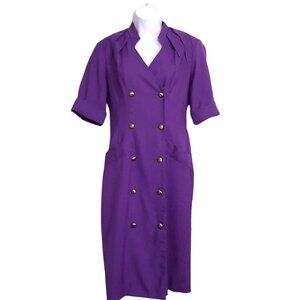 SL Fashions Vintage Womens Dress Size 12 Purple Double Breasted Faux Pockets Bel
